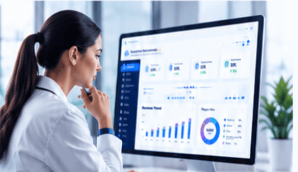 Doctor reviewing practice analytics dashboard on monitor
